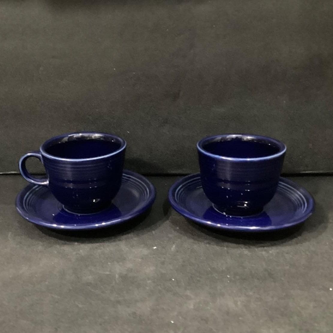 Fiesta Homer Laughlin Cobalt Blue Cup & Saucers, Set of 2, Vintage USA Pottery - Thumbnail 2