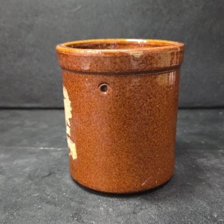 Brown Stoneware Cheese Crock, Vintage Ceramic Container Worn Label, Rustic Decor - Thumbnail 3