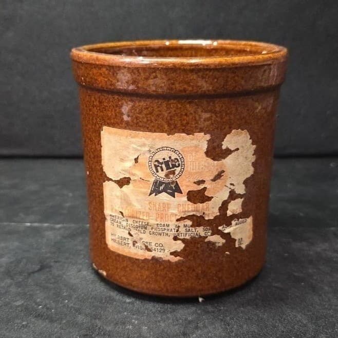 Brown Stoneware Cheese Crock, Vintage Ceramic Container Worn Label, Rustic Decor - Thumbnail 2