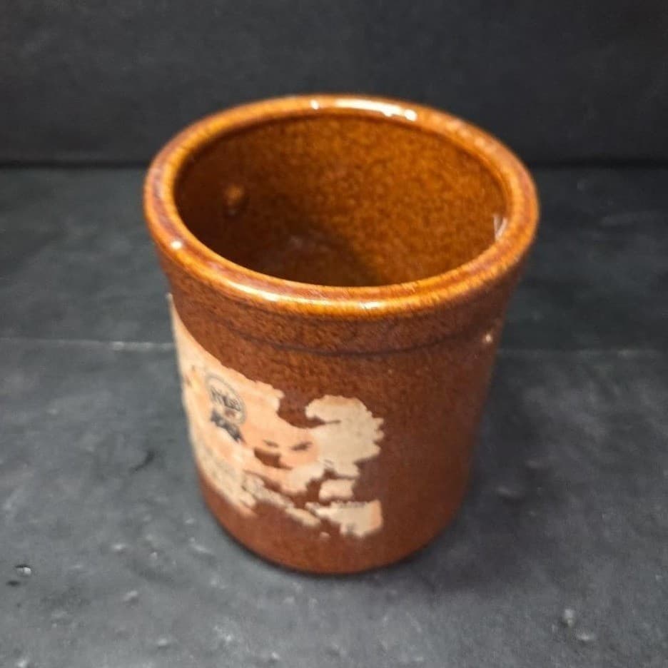Brown Stoneware Cheese Crock, Vintage Ceramic Container Worn Label, Rustic Decor - Thumbnail 6