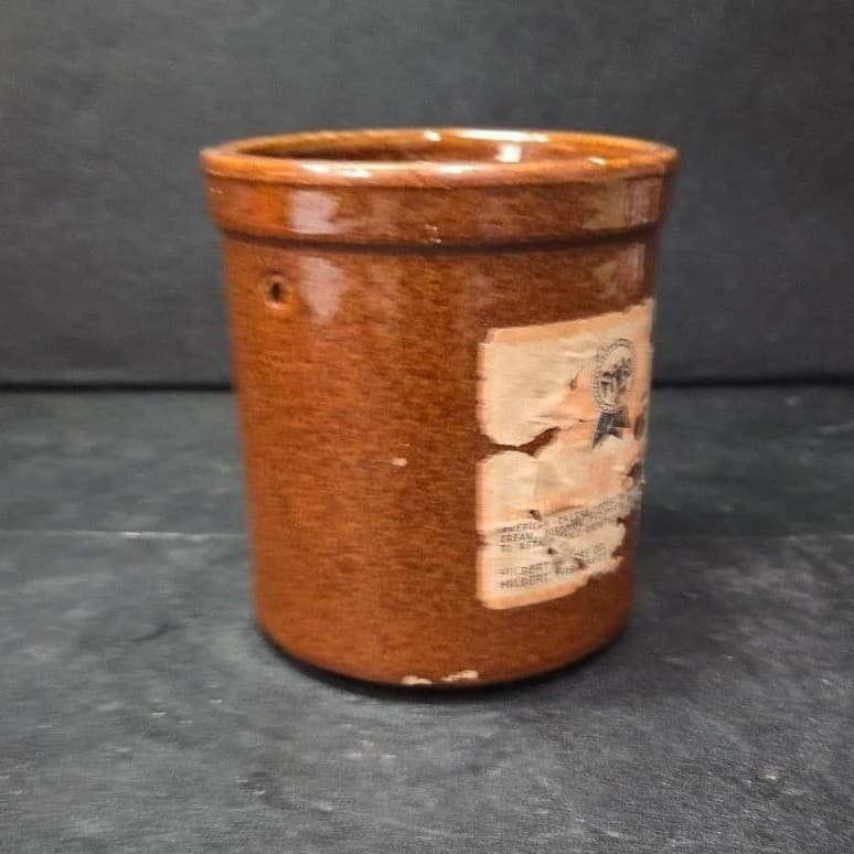 Brown Stoneware Cheese Crock, Vintage Ceramic Container Worn Label, Rustic Decor - Thumbnail 5