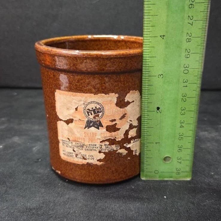 Brown Stoneware Cheese Crock, Vintage Ceramic Container Worn Label, Rustic Decor - Thumbnail 9