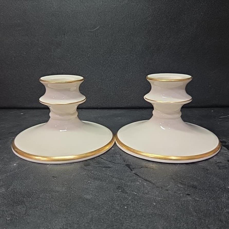 Pickard China Porcelain Candle Holders, Set of 2, Vintage Gold Trim Accents - Thumbnail 3
