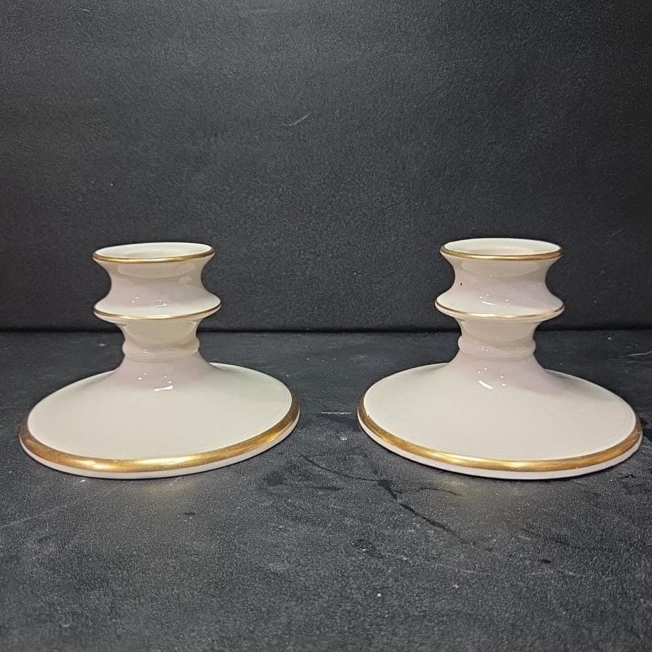 Pickard China Porcelain Candle Holders, Set of 2, Vintage Gold Trim Accents - Thumbnail 2