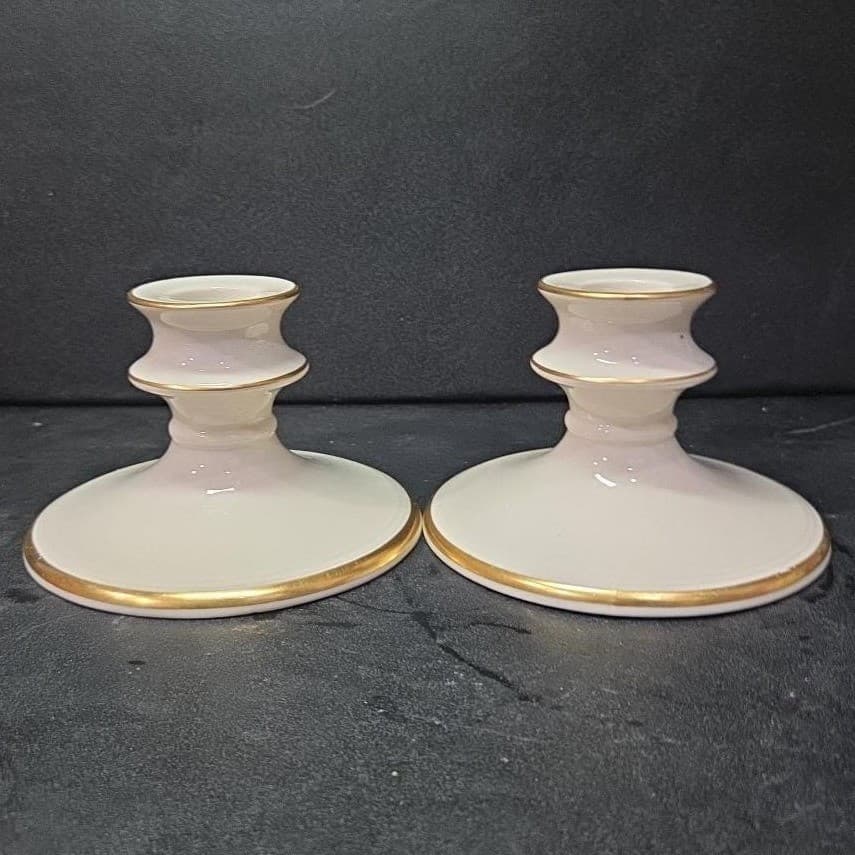 Pickard China Porcelain Candle Holders, Set of 2, Vintage Gold Trim Accents - Thumbnail 4