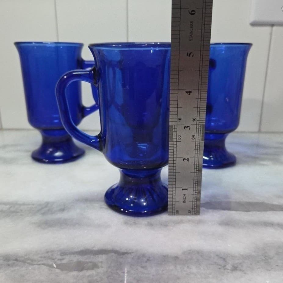 Anchor Hocking Cobalt Blue Irish Coffee Mugs, Set of 4, Vintage Pedestal Glasses - Thumbnail 9