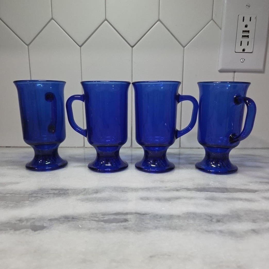 Anchor Hocking Cobalt Blue Irish Coffee Mugs, Set of 4, Vintage Pedestal Glasses - Thumbnail 3