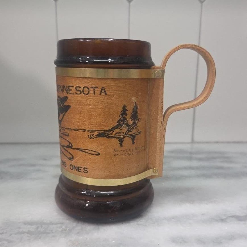 Marvelous Minnesota "Big Ones" Amber Glass Mug, Wood Wrapped Handle, Drinkware - Thumbnail 5