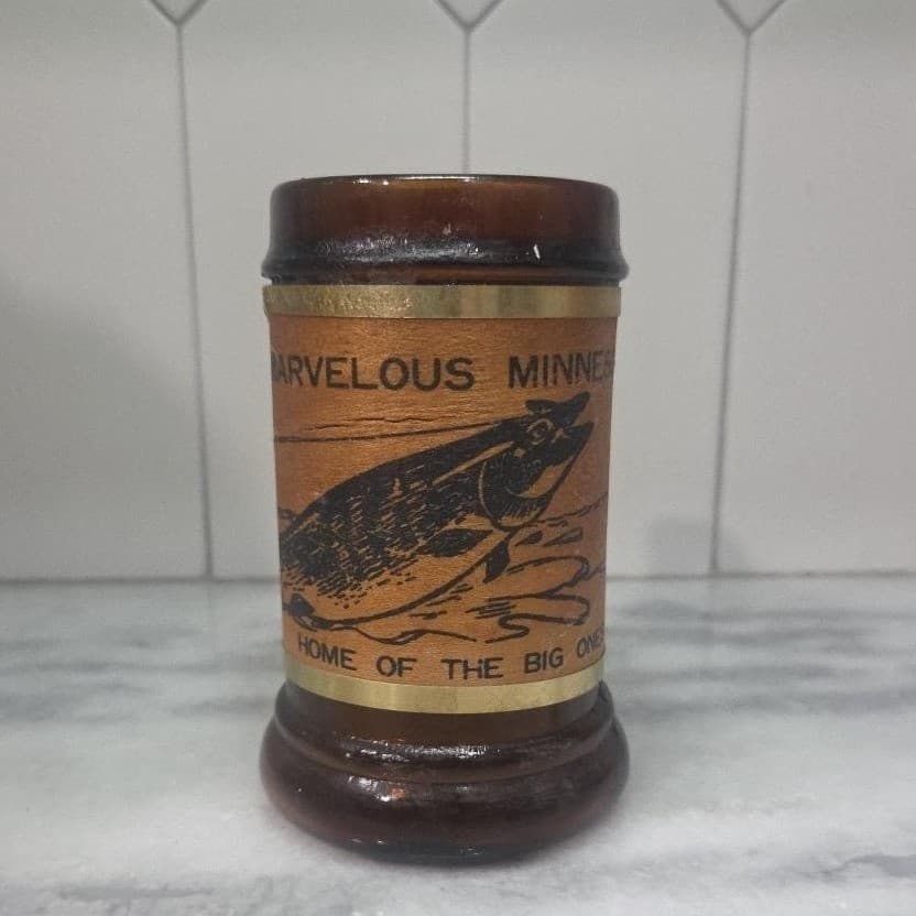 Marvelous Minnesota "Big Ones" Amber Glass Mug, Wood Wrapped Handle, Drinkware - Thumbnail 4