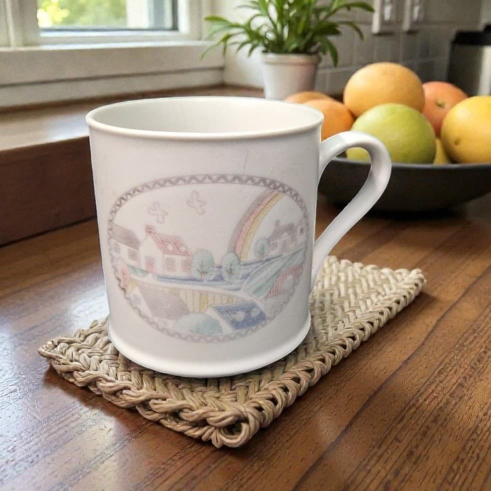 Neighborhood Rainbow Mug, Pfaltzgraff-Style Pastel Homes Design, Vtg Coffee Cup