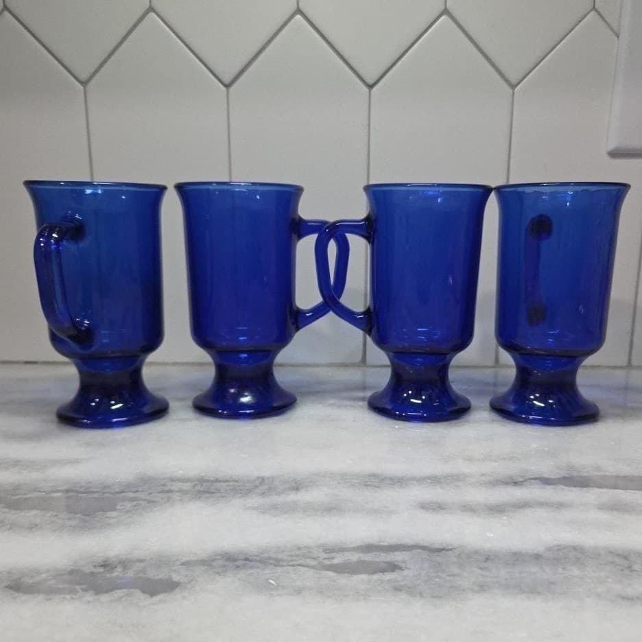 Anchor Hocking Cobalt Blue Irish Coffee Mugs, Set of 4, Vintage Pedestal Glasses - Thumbnail 5