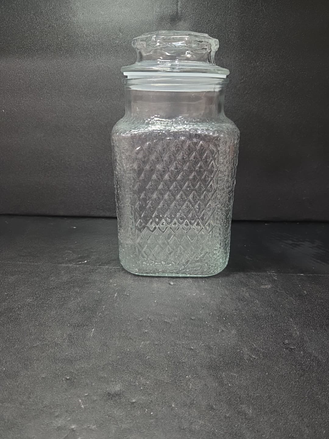 AHSG CO Pressed Diamond Glass Jar, Vintage 9" Canister, Waffle Design Apothecary - Thumbnail 4