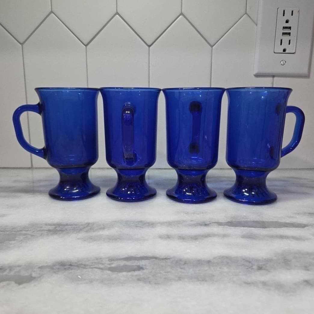 Anchor Hocking Cobalt Blue Irish Coffee Mugs, Set of 4, Vintage Pedestal Glasses - Thumbnail 2