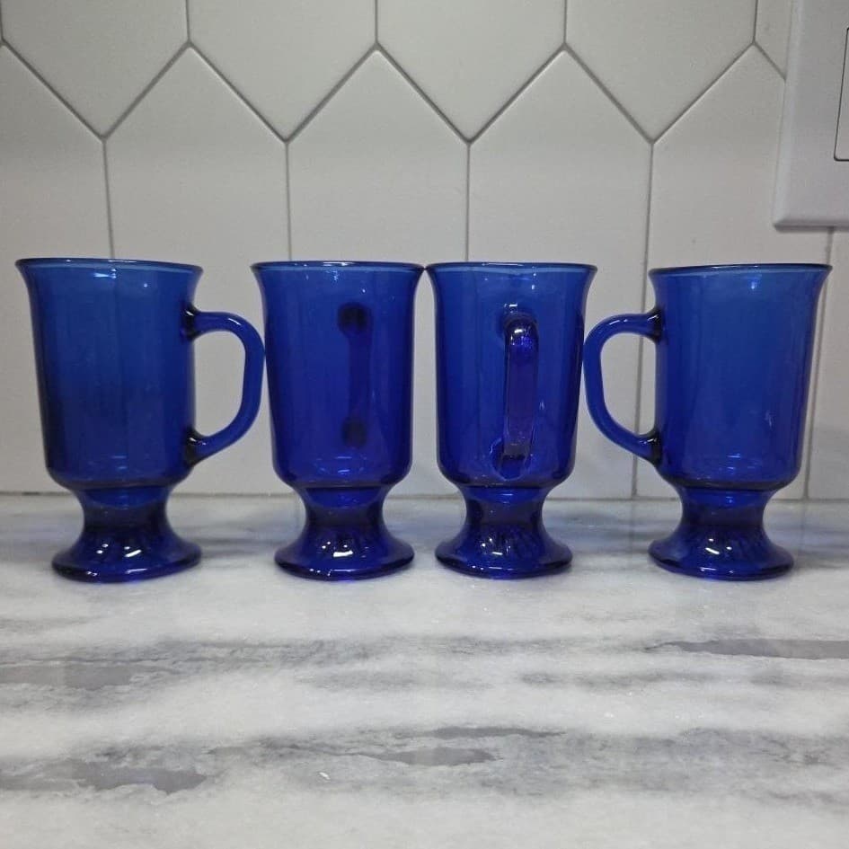 Anchor Hocking Cobalt Blue Irish Coffee Mugs, Set of 4, Vintage Pedestal Glasses - Thumbnail 4