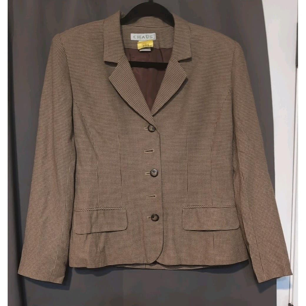 Chaus Brown Houndstooth Blazer, Women's Size 6 Coat, 3-Button Tailored Jacket - Thumbnail 3