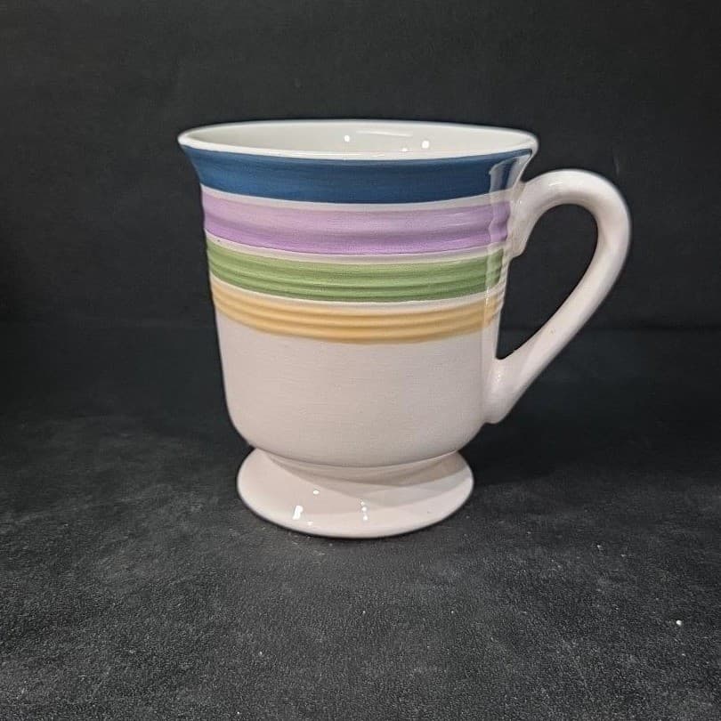 Gibson Striped Footed Mug, Vtg Candy Stripe Blue Purple Green Yellow, Drinkware - Thumbnail 6