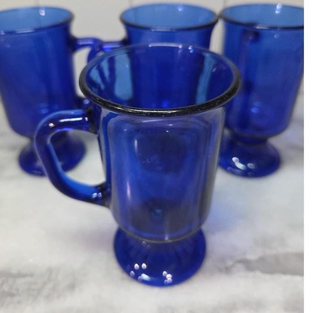 Anchor Hocking Cobalt Blue Irish Coffee Mugs, Set of 4, Vintage Pedestal Glasses - Thumbnail 6