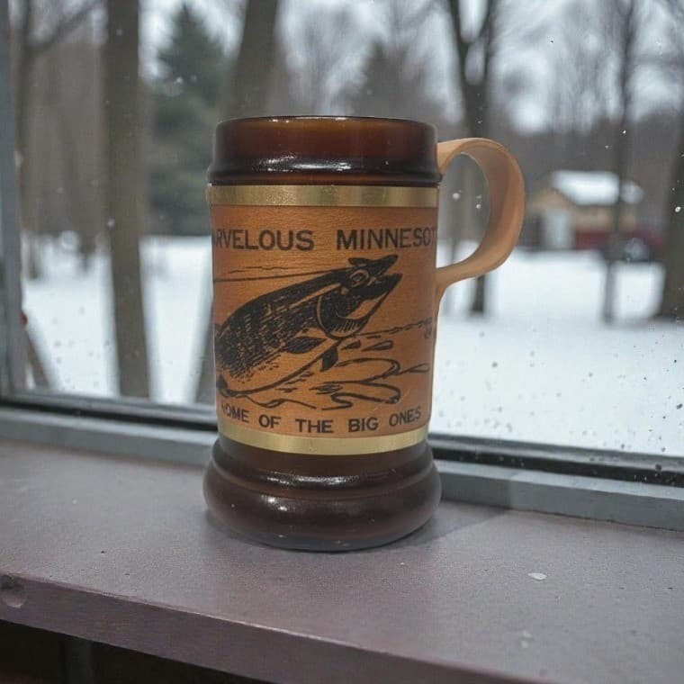 Marvelous Minnesota "Big Ones" Amber Glass Mug, Wood Wrapped Handle, Drinkware