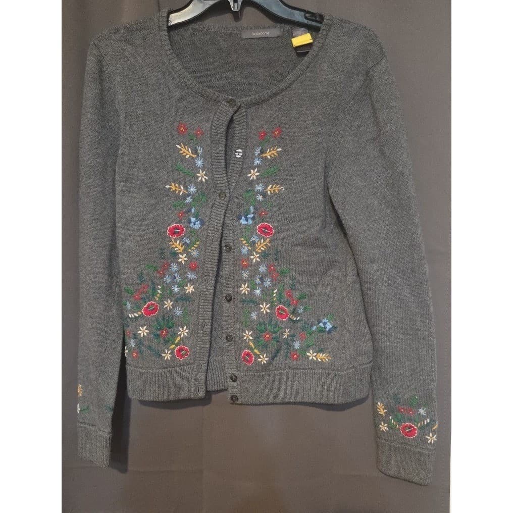 Liz Claiborne Gray Floral Embroidered Button Front Cardigan Women's Small Jacket - Thumbnail 3
