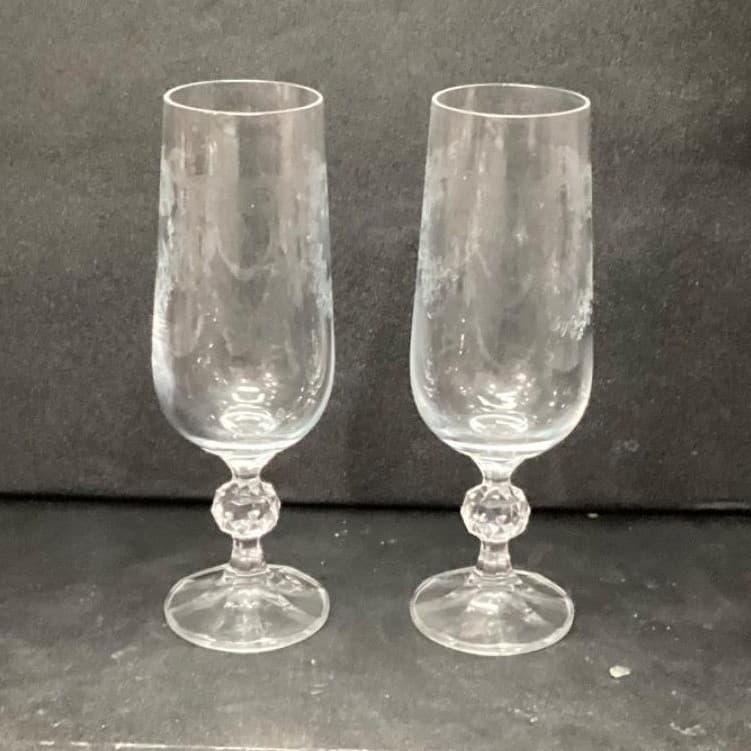 Bohemia Crystal Cascade Champagne Flutes, Set of 2, Vintage Etched Stemware - Thumbnail 5