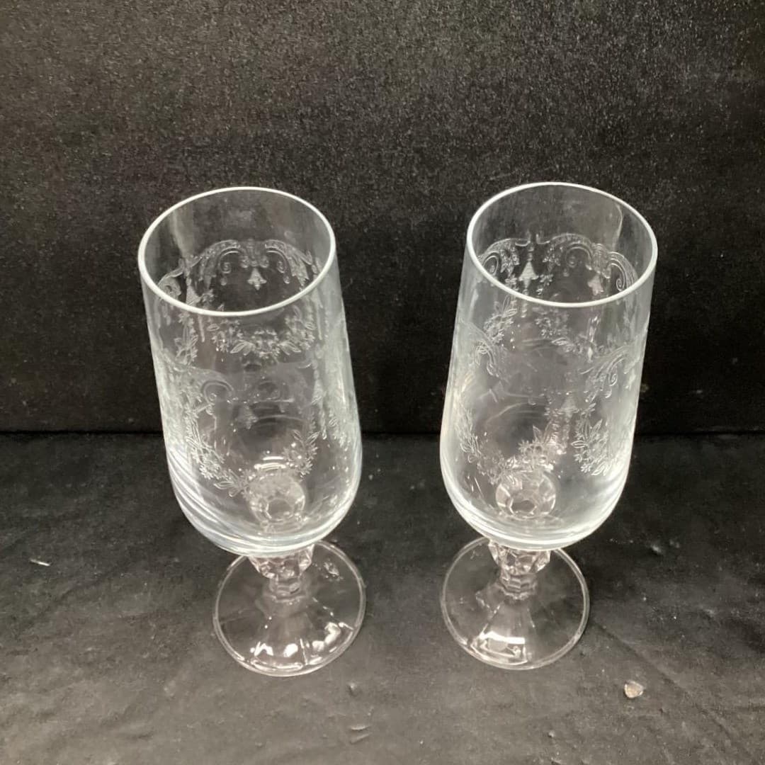 Bohemia Crystal Cascade Champagne Flutes, Set of 2, Vintage Etched Stemware - Thumbnail 6