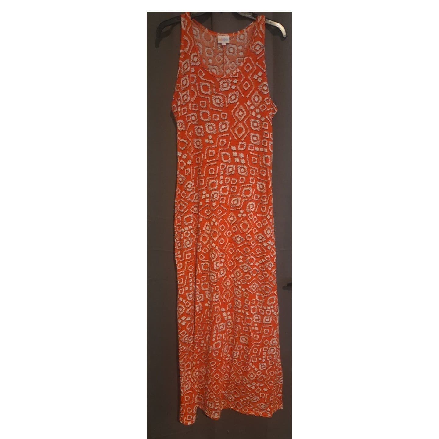 LuLaRoe Maria Maxi Dress, Orange White Geometric Diamond Tank Scoop, Women's L - Thumbnail 3