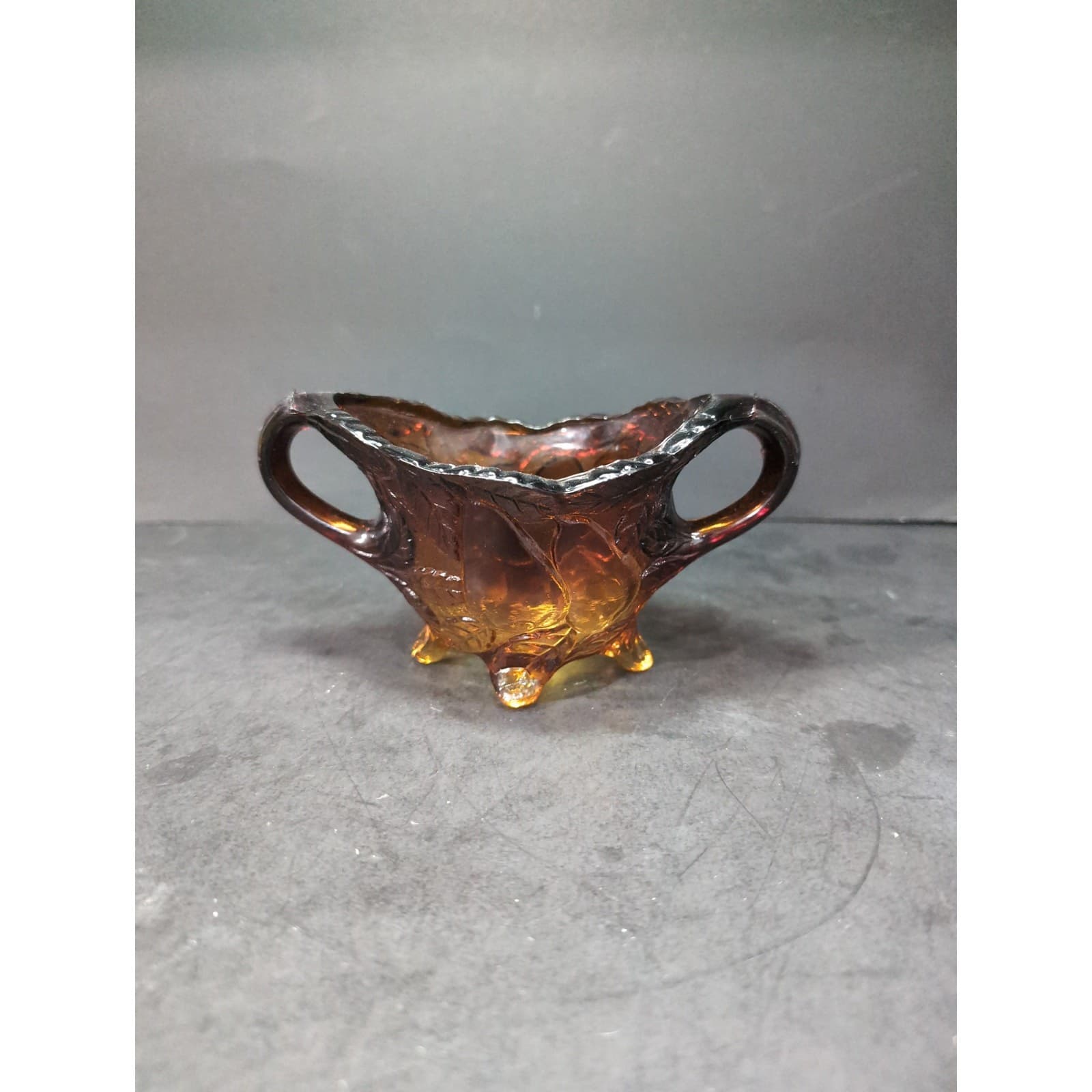 Tiara Glass 'Burnt Honey' Amber Sugar Bowl with Pears, Footed Design, Vintage - Thumbnail 3