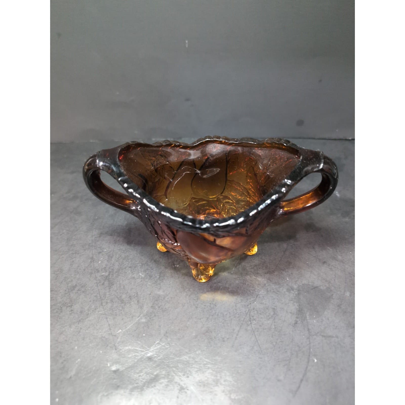 Tiara Glass 'Burnt Honey' Amber Sugar Bowl with Pears, Footed Design, Vintage - Thumbnail 5