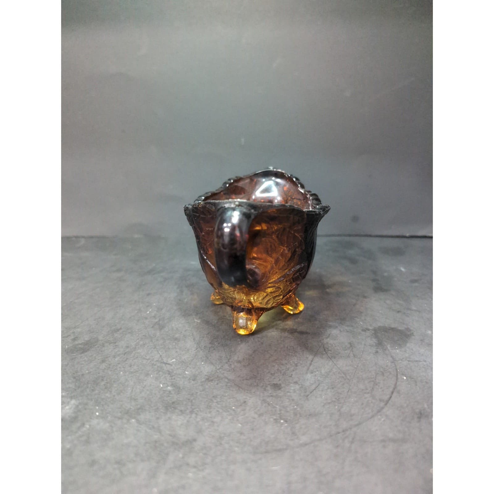 Tiara Glass 'Burnt Honey' Amber Sugar Bowl with Pears, Footed Design, Vintage - Thumbnail 2