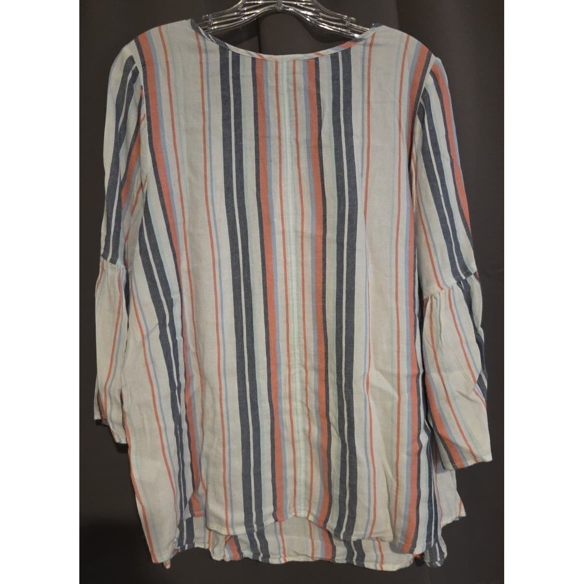 True Craft Striped Bell Sleeve Scoop Neck Blouse, Blue Orange White, Women's 0X - Thumbnail 4