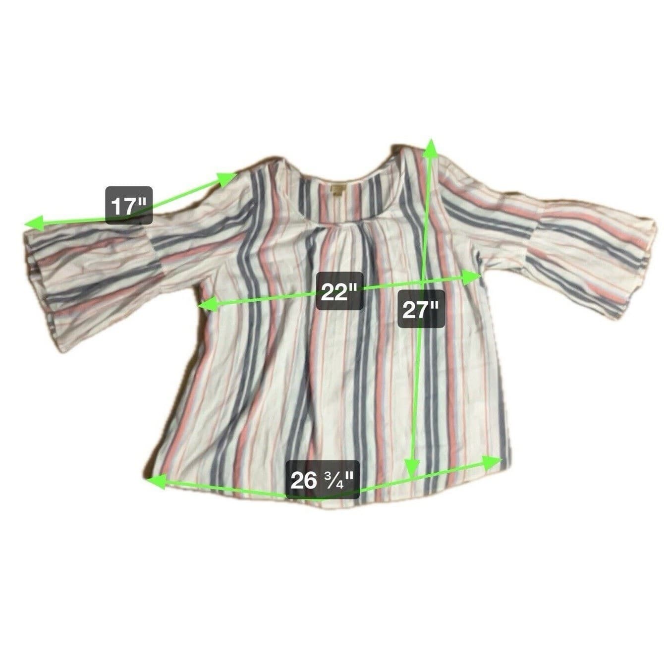 True Craft Striped Bell Sleeve Scoop Neck Blouse, Blue Orange White, Women's 0X - Thumbnail 2