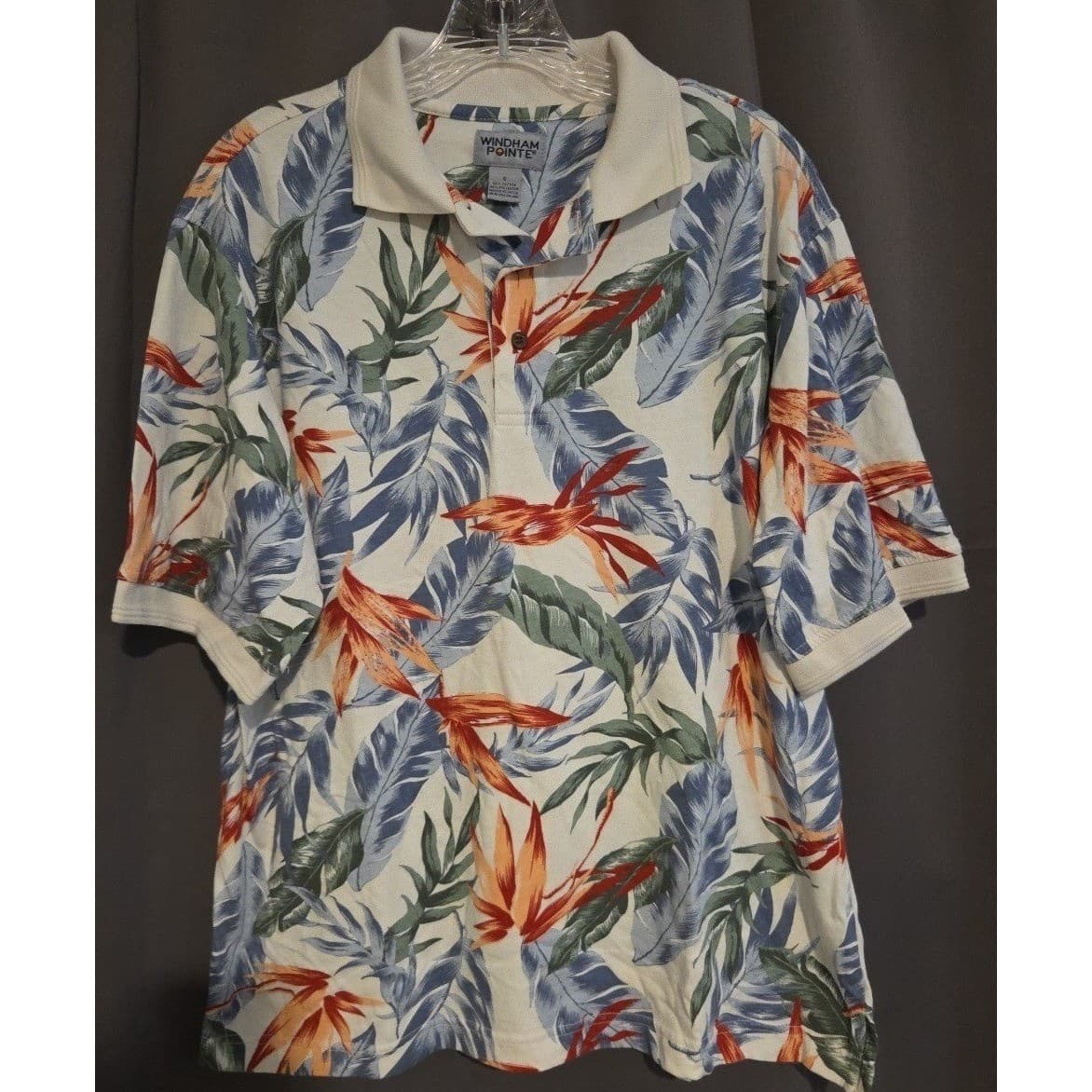 Windham Pointe Tropical Bird of Paradise Floral Polo, White Blue Shirt, Men's S - Thumbnail 3