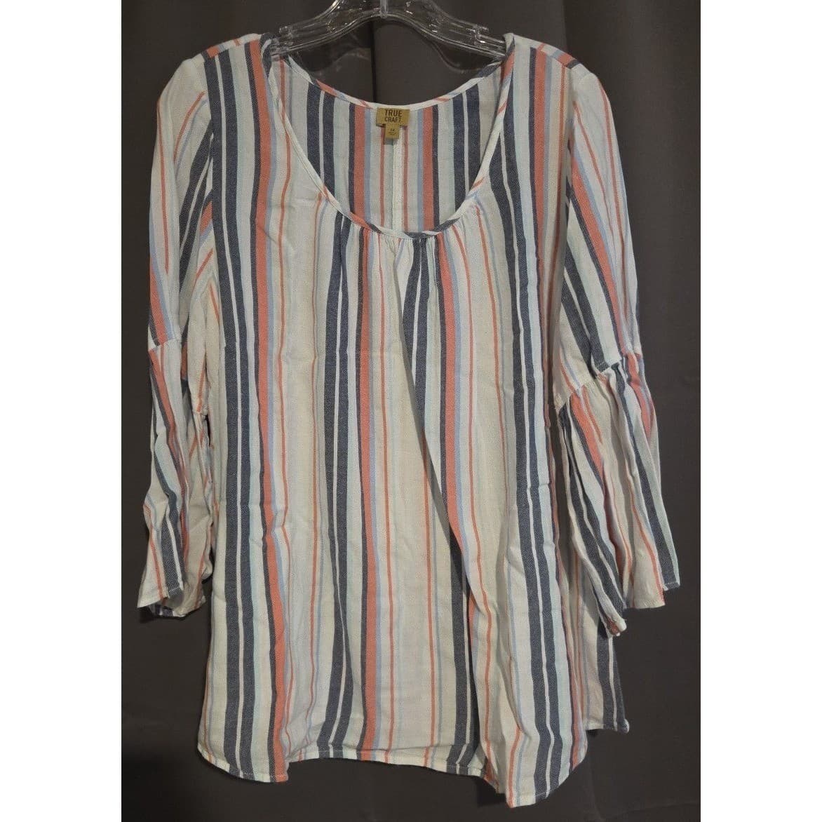 True Craft Striped Bell Sleeve Scoop Neck Blouse, Blue Orange White, Women's 0X - Thumbnail 3