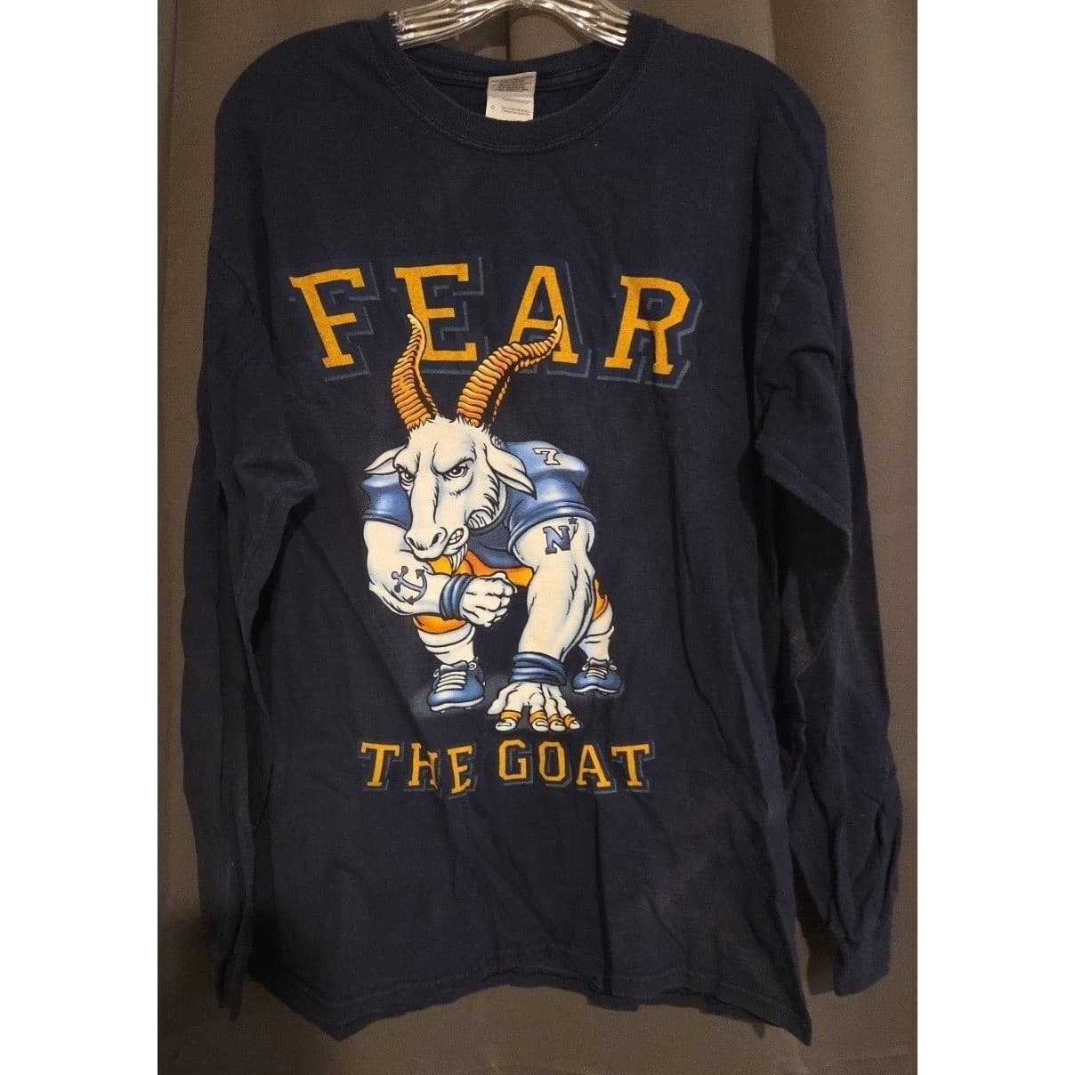 Gildan Navy Fear The Goat Long Sleeve T-Shirt, Mens Large Navy Midshipmen Mascot - Thumbnail 3