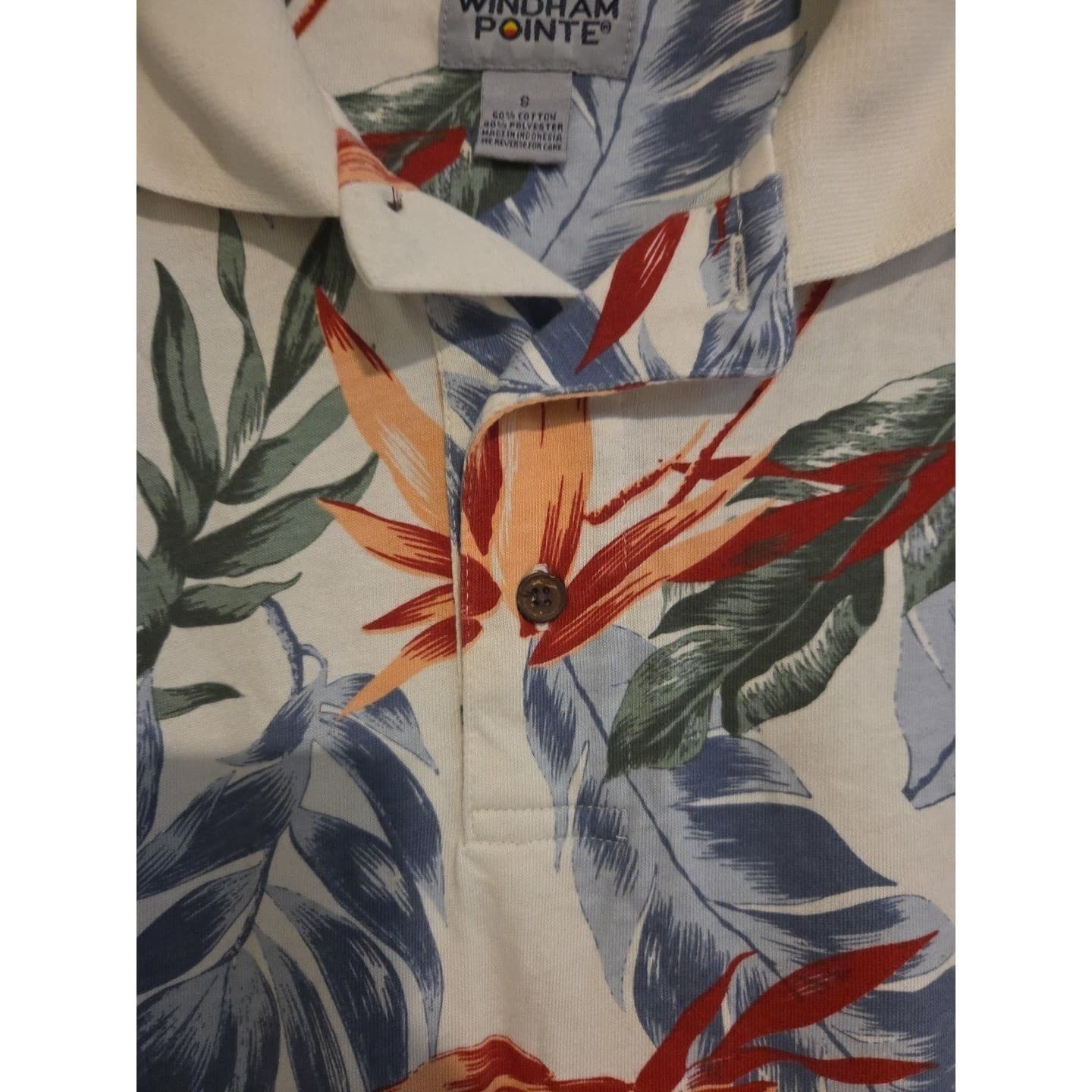 Windham Pointe Tropical Bird of Paradise Floral Polo, White Blue Shirt, Men's S - Thumbnail 6