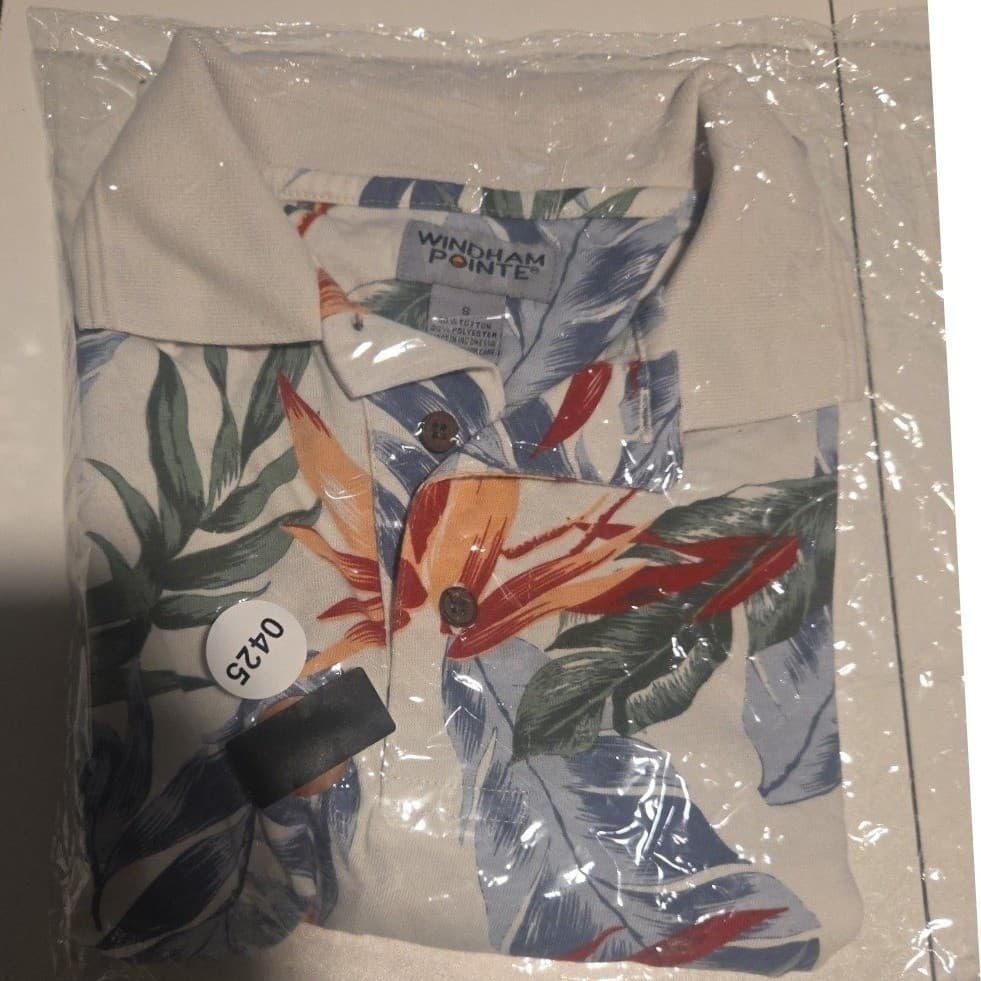 Windham Pointe Tropical Bird of Paradise Floral Polo, White Blue Shirt, Men's S - Thumbnail 8