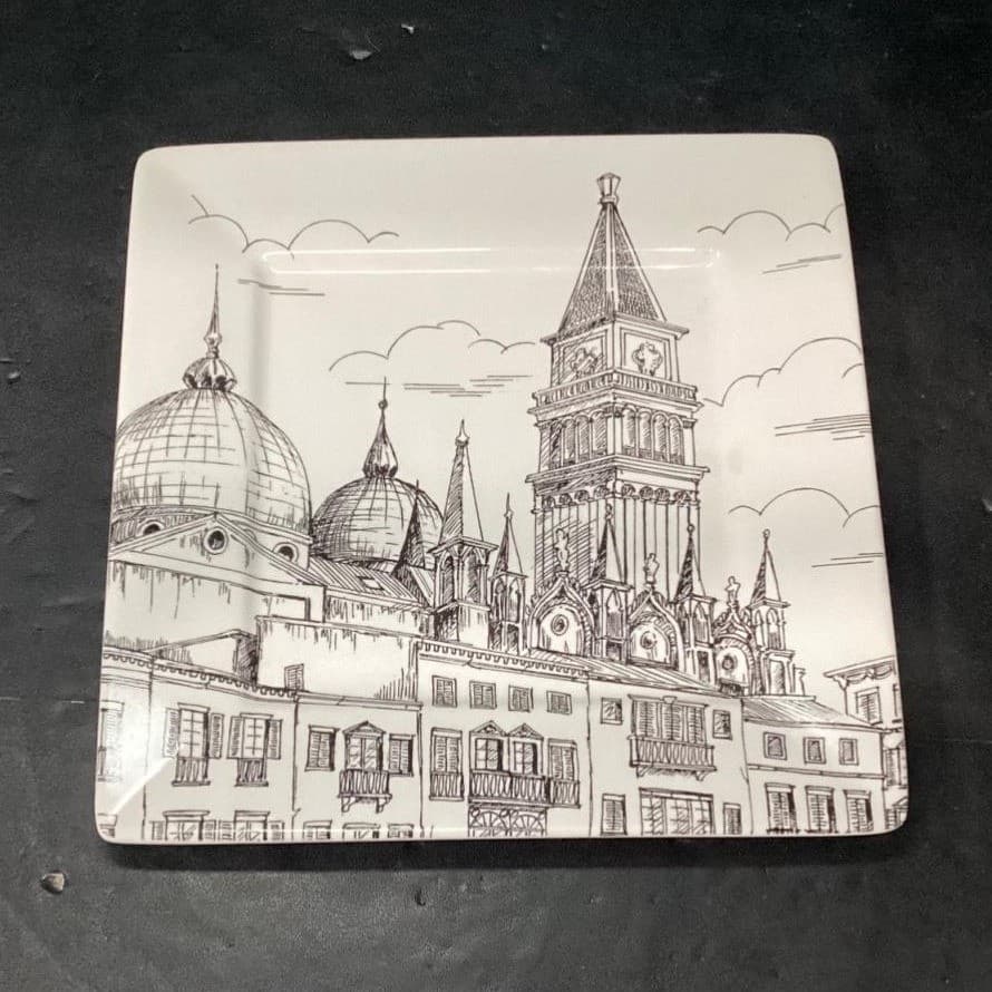 222 Fifth City Scenes Salad Plates, Set of 2, Vintage Square Dishes, Tableware - Thumbnail 4