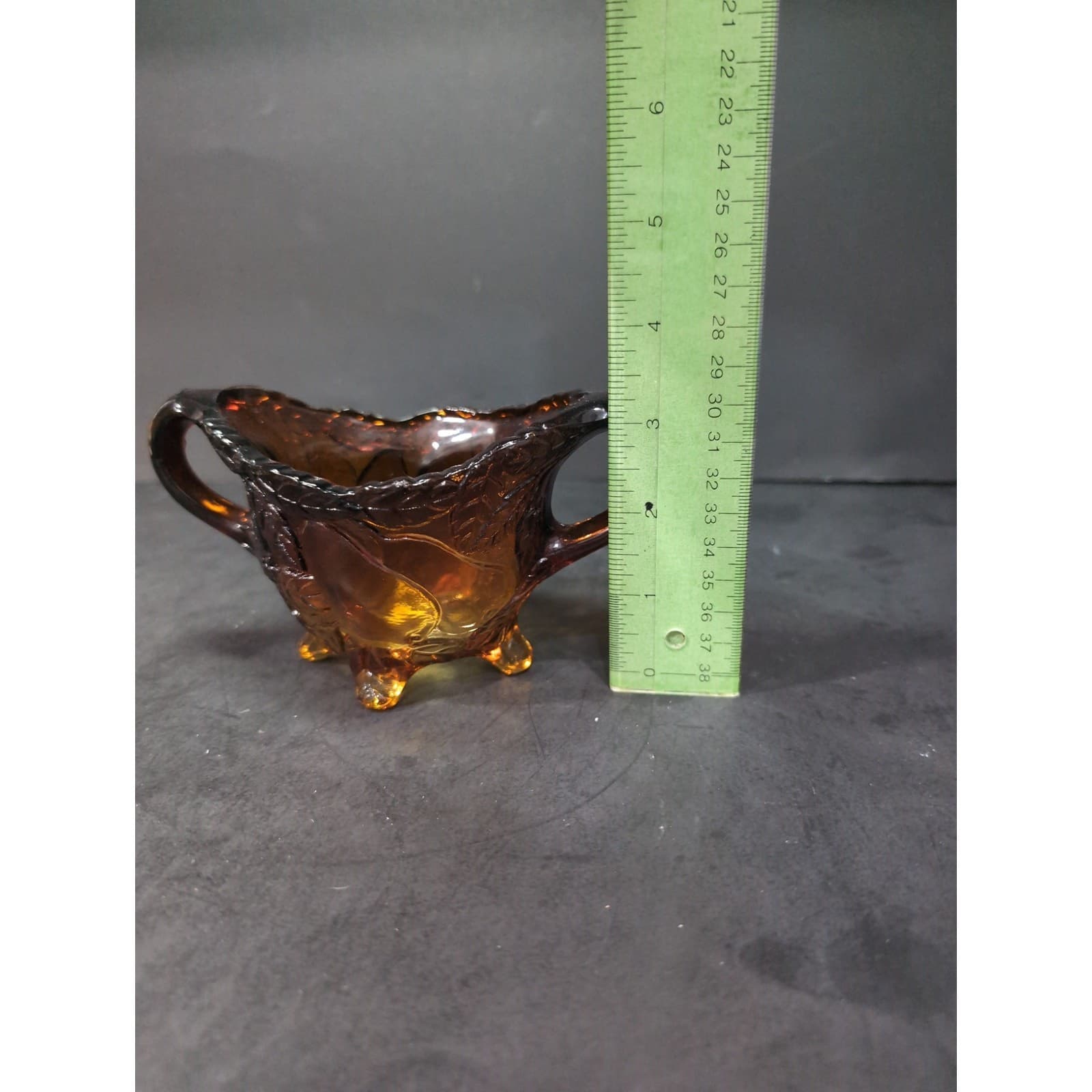 Tiara Glass 'Burnt Honey' Amber Sugar Bowl with Pears, Footed Design, Vintage - Thumbnail 8