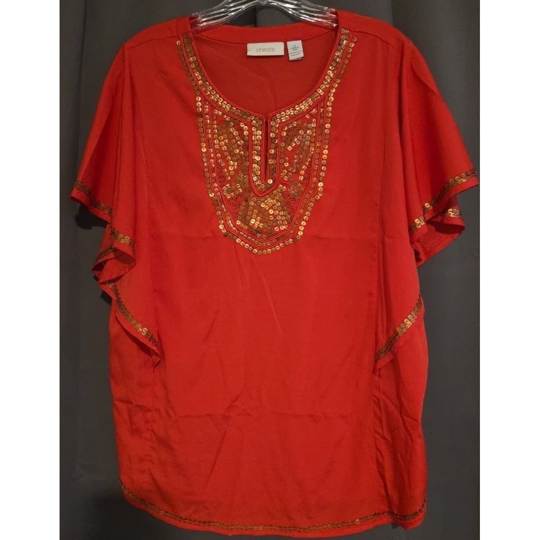 Chico's Red Sequin Embellished Flutter Sleeve Blouse Top, Women's Size 2 Large - Thumbnail 3