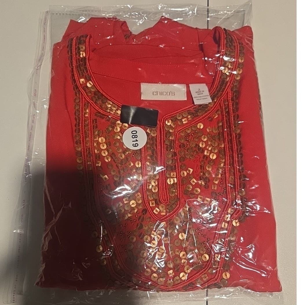 Chico's Red Sequin Embellished Flutter Sleeve Blouse Top, Women's Size 2 Large - Thumbnail 9