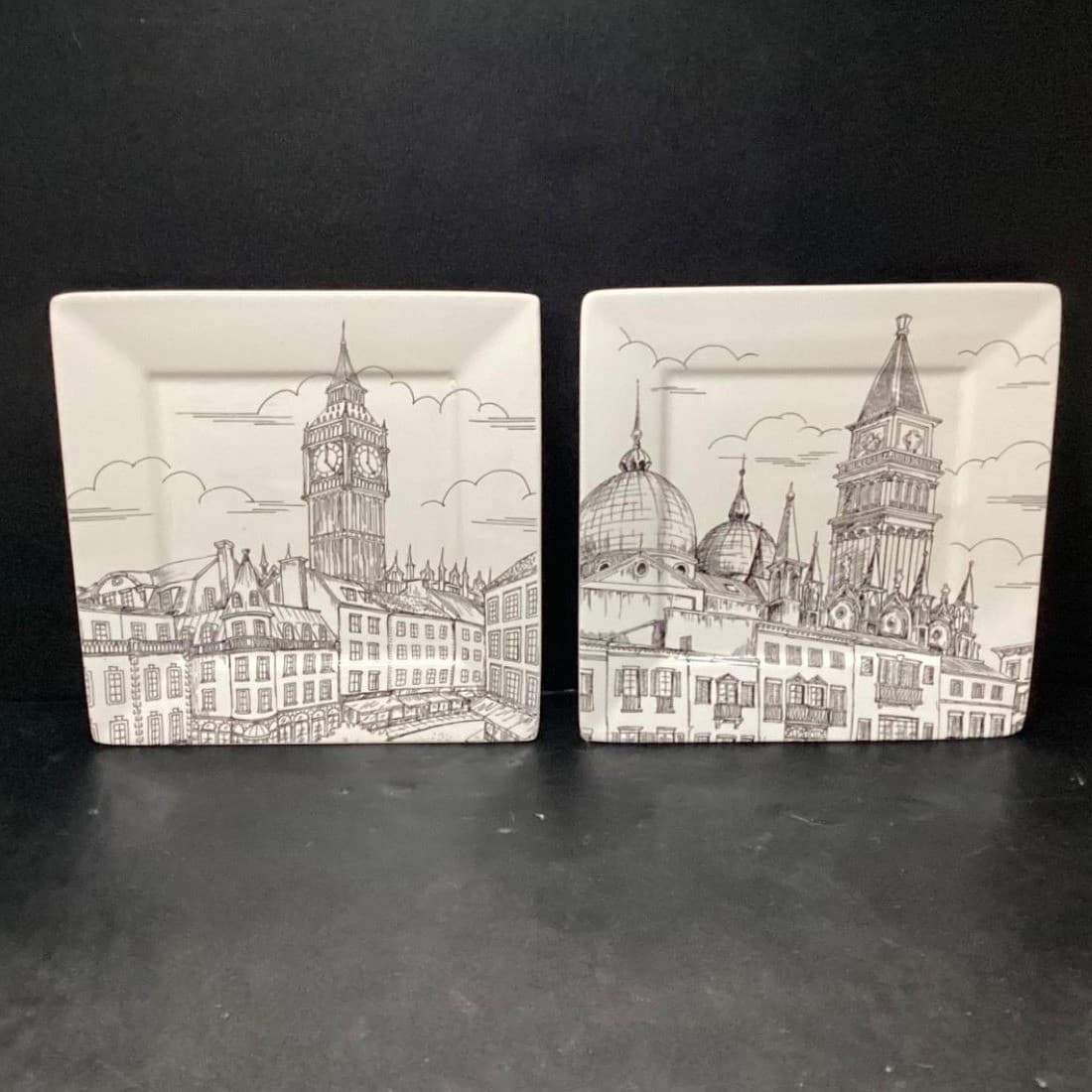222 Fifth City Scenes Salad Plates, Set of 2, Vintage Square Dishes, Tableware - Thumbnail 2