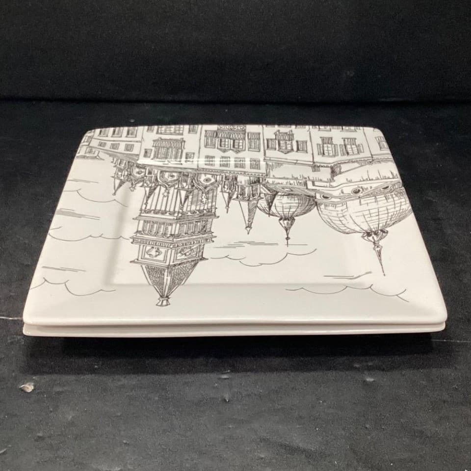 222 Fifth City Scenes Salad Plates, Set of 2, Vintage Square Dishes, Tableware - Thumbnail 9