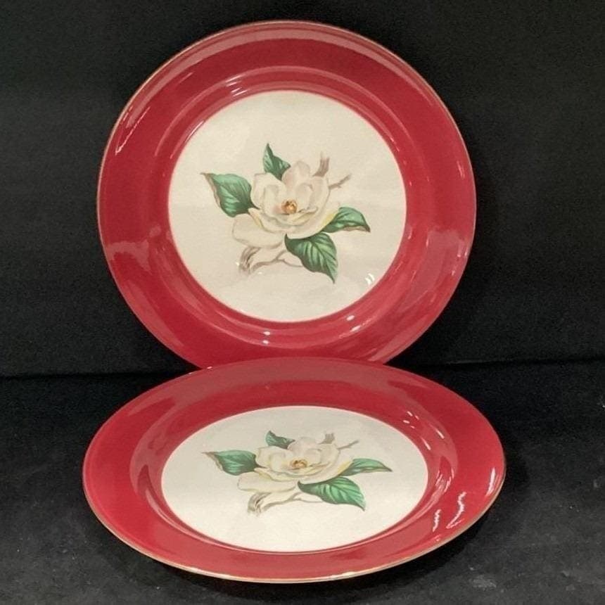 Vintage Homer Laughlin Lifetime China Burgundy 2 Magnolia Dinner Plates 10 1/4" - Thumbnail 2
