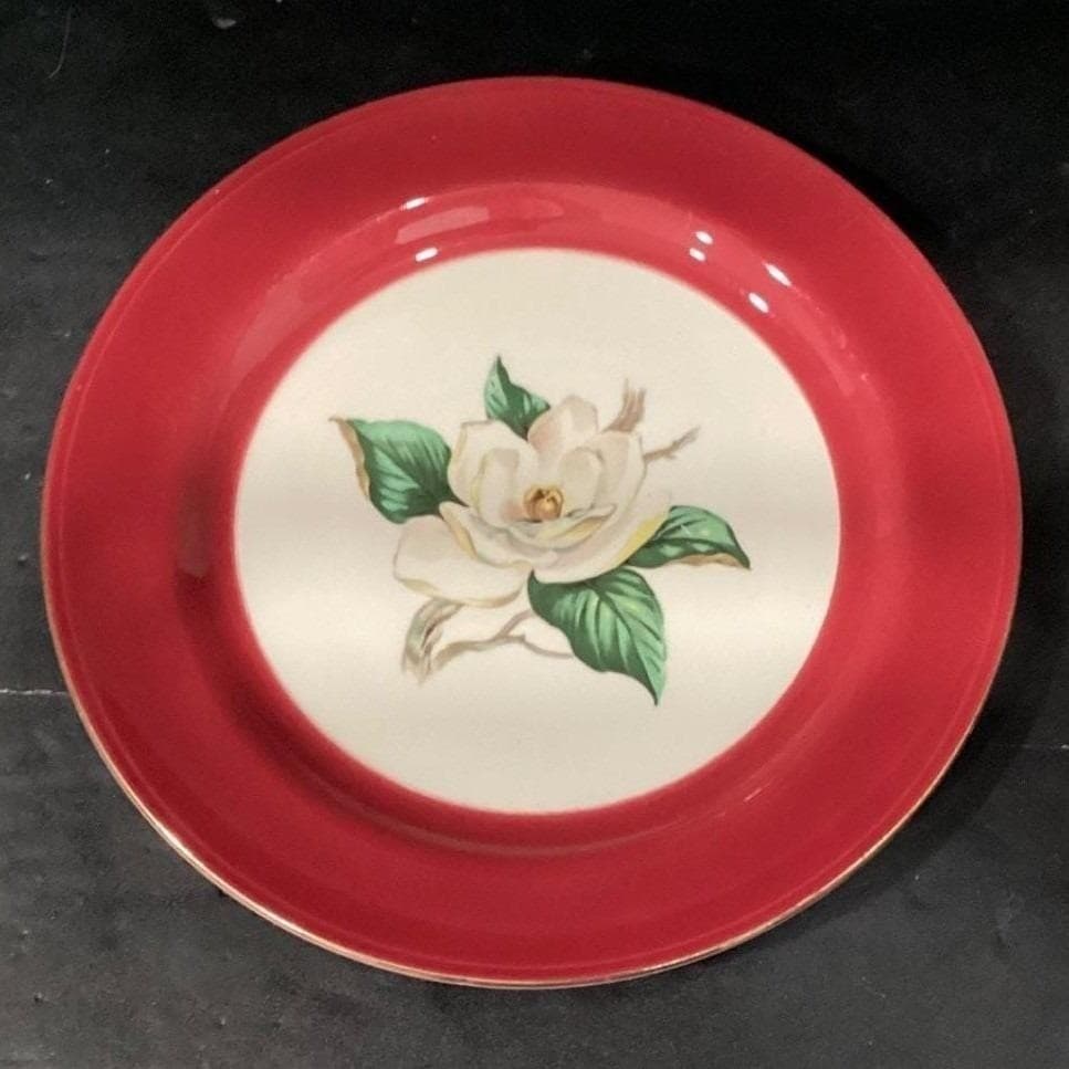 Vintage Homer Laughlin Lifetime China Burgundy 2 Magnolia Dinner Plates 10 1/4" - Thumbnail 6