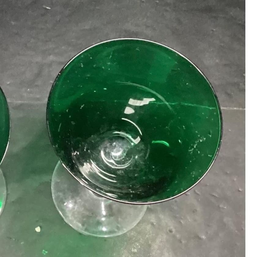 Emerald Green Water Glasses, Set of 2, Vintage Clear Bubble Stem, Stemware - Thumbnail 8