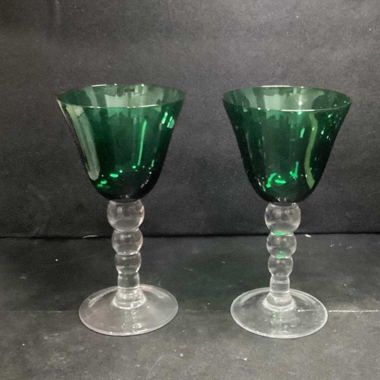Emerald Green Water Glasses, Set of 2, Vintage Clear Bubble Stem, Stemware - Thumbnail 5