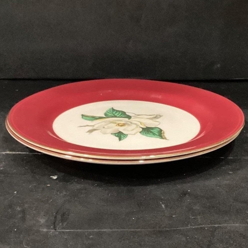 Vintage Homer Laughlin Lifetime China Burgundy 2 Magnolia Dinner Plates 10 1/4" - Thumbnail 9