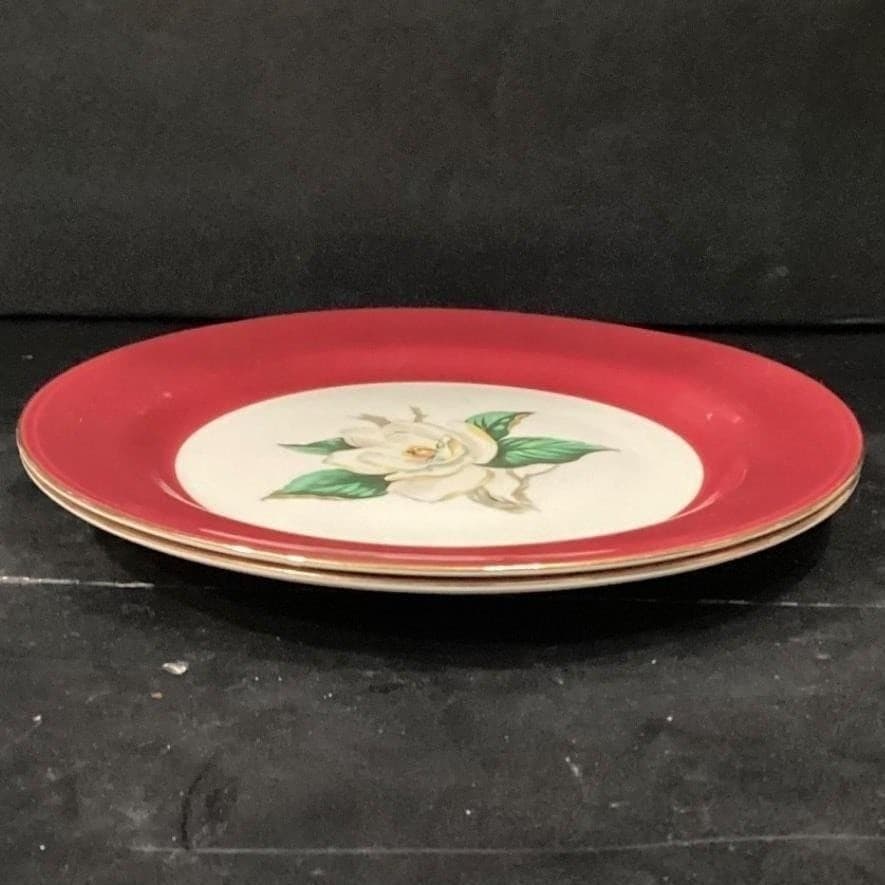 Vintage Homer Laughlin Lifetime China Burgundy 2 Magnolia Dinner Plates 10 1/4" - Thumbnail 8