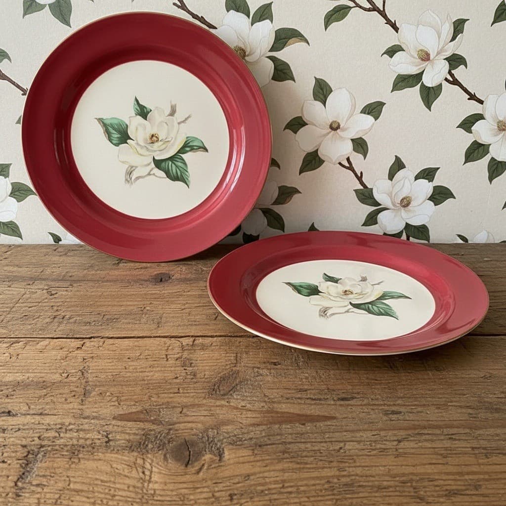 Vintage Homer Laughlin Lifetime China Burgundy 2 Magnolia Dinner Plates 10 1/4"