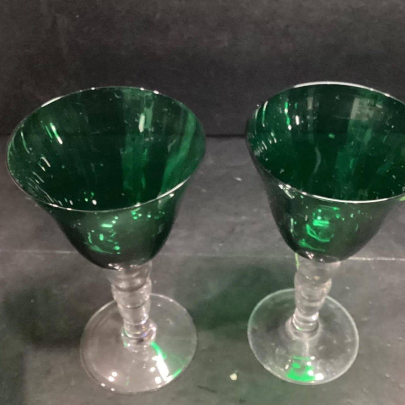 Emerald Green Water Glasses, Set of 2, Vintage Clear Bubble Stem, Stemware - Thumbnail 7